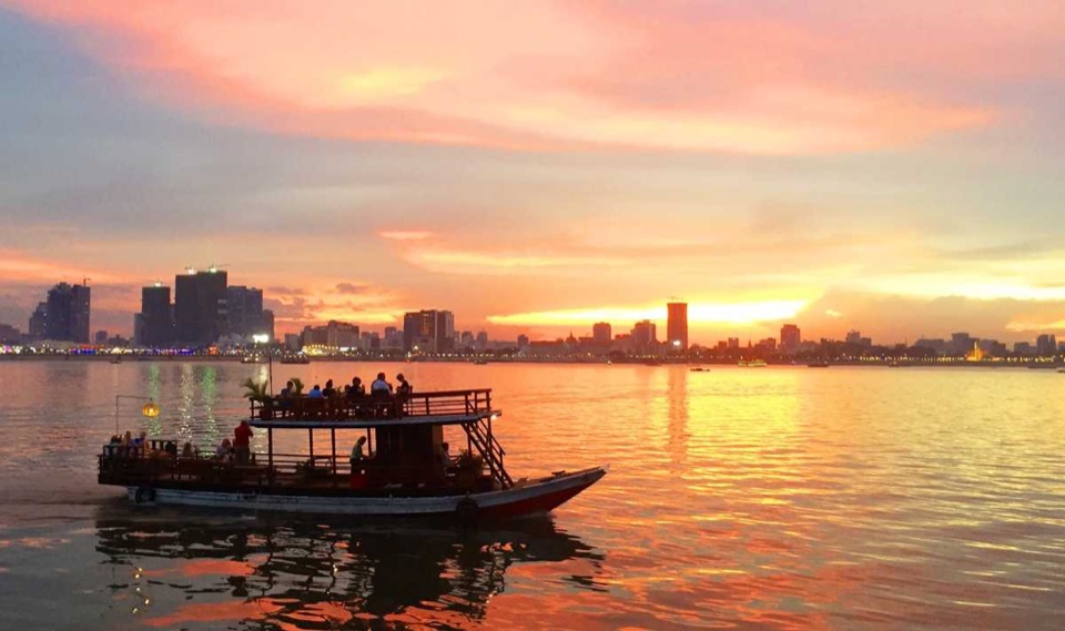 A river boat on the Mekong at sunset in Phnom Penh